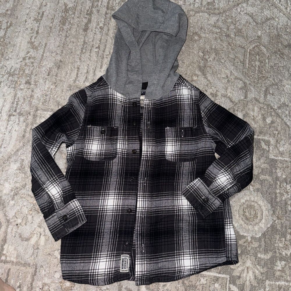 Oshkosh Boy Hooded Flannel Shirt‎ Black/gray/white 7